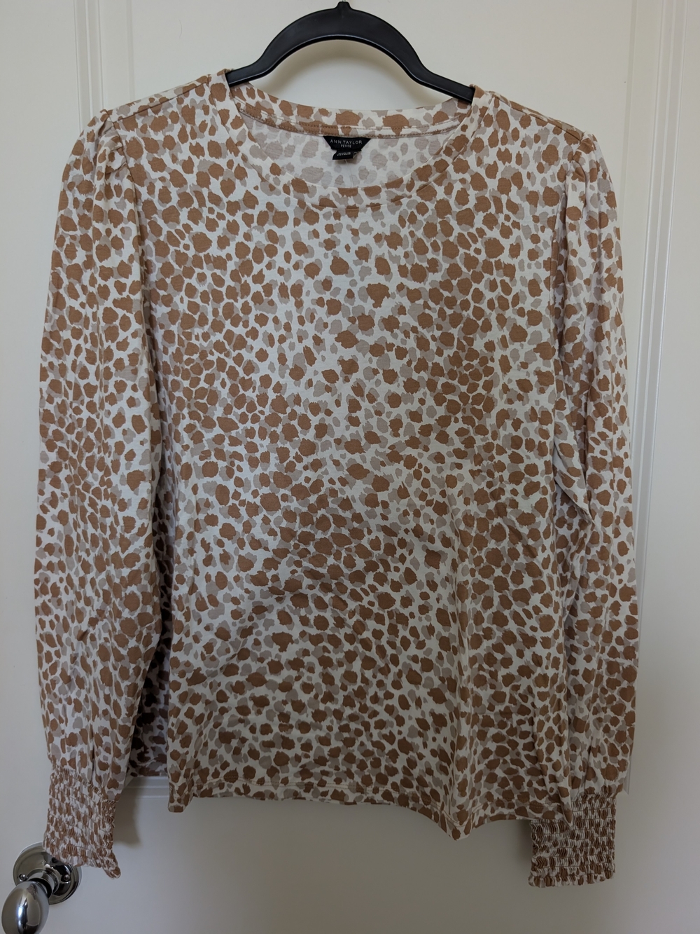 Ann Taylor Cream and Tan Leopard-Print Long Sleeve Top